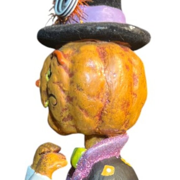 Folk Art Pumpkin Figurine Halloween Flocked Hat Whimsical Suit 12.5" tall x 6" d - Picture 11 of 16